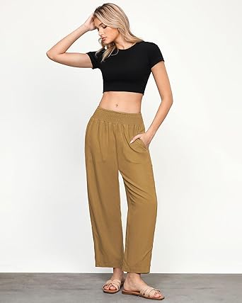 GRAPENT Linen Pants Women Wide Leg High Waisted Cropped Barrel Pull On Smocked Elastic Waist Summer Pants with Pockets
