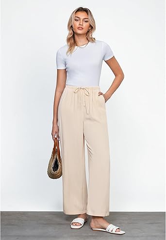 GRAPENT Linen Wide Leg Pants Woman High Waisted Pull On Button Drawstring Baggy Casual Summer Palazzo Pants with Pockets
