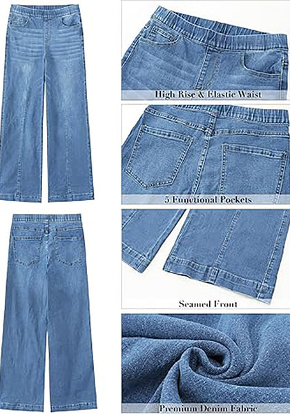 GRAPENT Pull On Womens Jeans Baggy Stretchy High Waisted Denim Wide Leg Trouser Pants Trendy Front Seam 90s Loose Jean