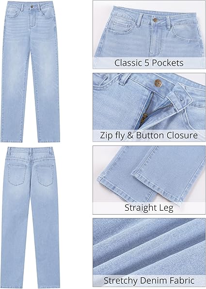 GRAPENT Straight Leg Jeans for Women Trendy High Waisted Classic Stretchy Denim Pants Casual Trouser Jeans with Pockets