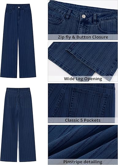 GRAPENT Striped Jeans for Women Trendy High Waisted Wide Leg Dressy Casual Stretchy Denim Pants Trouser Jeans