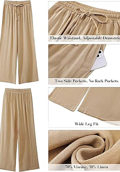 GRAPENT Wide Leg Pants Woman Linen High Waisted Pull On Flowy Casual Baggy Drawstring Palazzo Trousers Pants Resort Wear