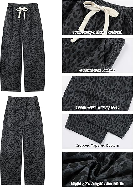 GRAPENT Barrel Jeans for Women Trendy High Waisted Pull On Wide Leg Cropped Leopard Cheetah Print Stretchy Denim Pants