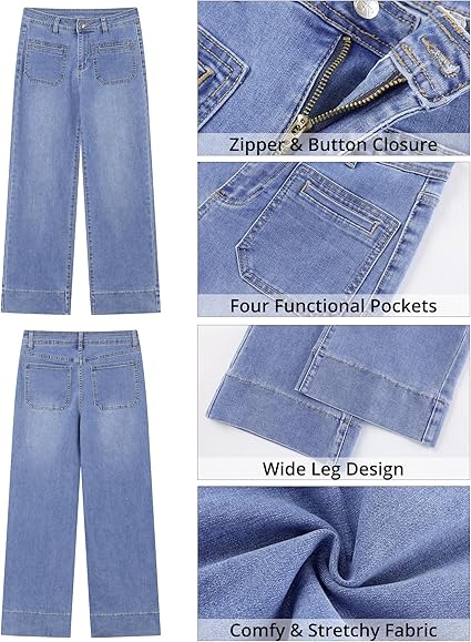 GRAPENT Wide Leg Jeans Woman Trendy High Waisted Patch Pocket Stretchy Denim Pants Vintage Casual Trouser Jeans