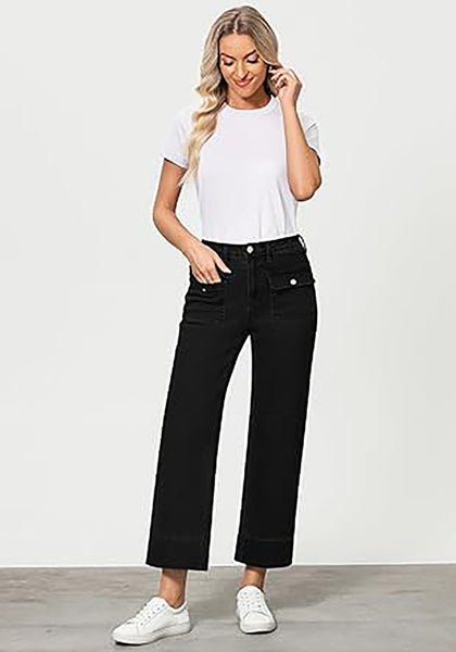 GRAPENT Wide Leg Jeans for Women Trendy High Waisted Straight Leg Cropped Stretchy Denim Pants with Retro Patch Pockets