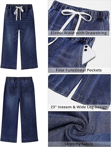 GRAPENT Capris Jeans for Women Trendy Wide Leg Capri Pants High Waisted Pull On Elastic Waist Summer Stretch Denim Jeans