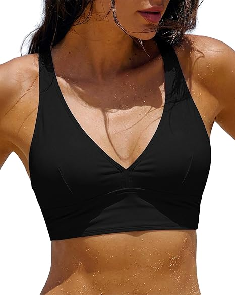 GRAPENT Bikini Top for Women V Neck Ruched Criss Cross Padded Beach Vacation Bathing Suit Modest Cute Swim Suit Top Only