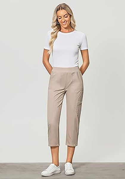 GRAPENT Capri Cargo Pants for Women High Waisted Pull On Elastic Waist Stretch Twill Fold Hem Capris Pants with Pockets