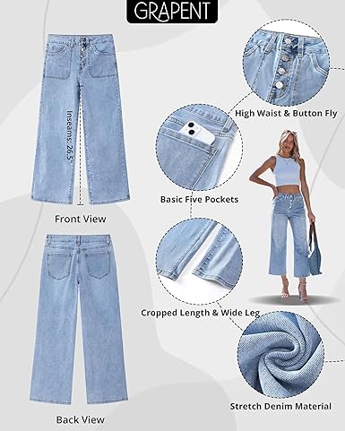 GRAPENT Wide Leg Jeans for Women Cropped Trendy High Waisted Button Fly Loose Straight Leg Stretchy Denim Trouser Jeans