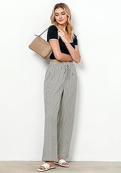 GRAPENT Striped Pants for Women High Waisted Wide Leg Cotton Linen Trendy Beach Pull on Elastic Waist Casual Flowy Pants