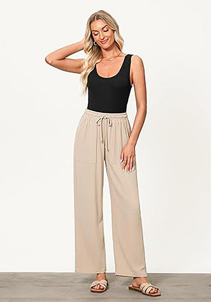 GRAPENT Linen Pants for Women Wide Leg High Waisted Baggy Drawstring Elastic Waist Palazzo Trousers Pants with Pockets
