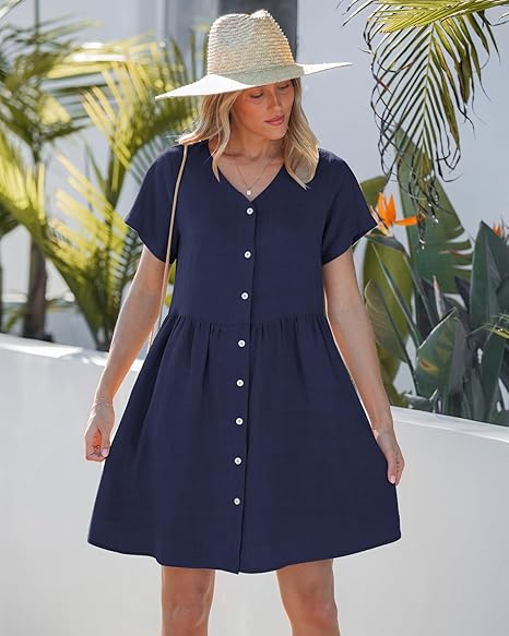 GRAPENT Linen Dresses for Women Casual Summer Babydoll Button Down Short Sleeve V Neck Above Knee Dress with Pockets