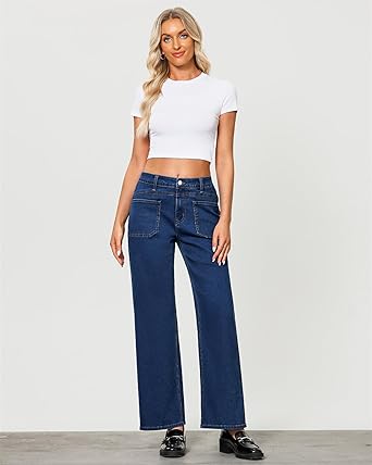 GRAPENT Wide Leg Jeans for Women Trendy High Waisted Loose Straight Leg Stretchy Retro Denim Pants with Pouch Pockets