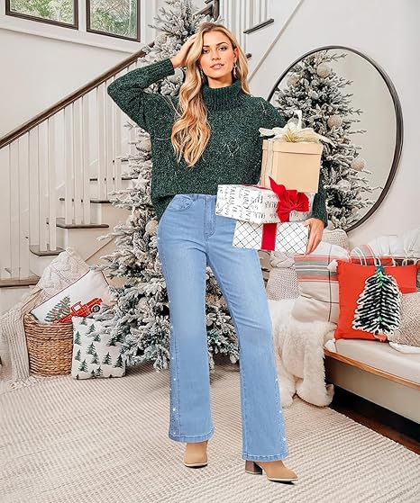 GRAPENT Flare Jeans for Women High Waisted Trendy Wide Leg Embellished Rhinestone Sparkly Concert Stretchy Denim Pants