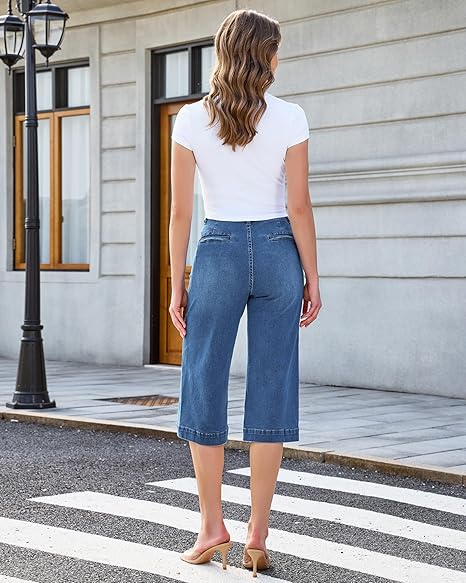 GRAPENT Capri Jeans for Women Wide Leg Trendy High Waisted Side Seam Stretchy Denim Capris Pants Summer Casual Jeans