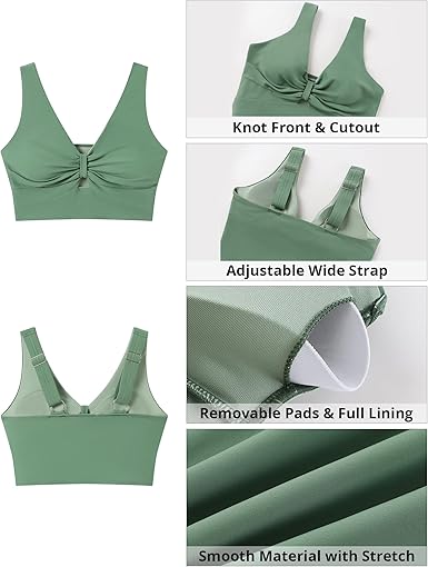 GRAPENT StrapCore Bikini Tops for Women Cropped Tankini Tops Beach Ruched Knot Cut Out Padded Adjustable Swimwear Swim Top Only