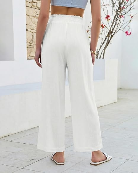 GRAPENT Linen Pants for Women Wide Leg High Waisted Paper Bag Smocked Waist Casual Summer Beach Vacation Palazzo Pants