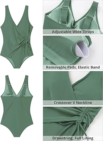 GRAPENT StrapCore One Piece Swimsuit Women V Neck Side Ruched Padded Cute Modest Bathing Suits Swimsuits Beach Vacation Swimwear