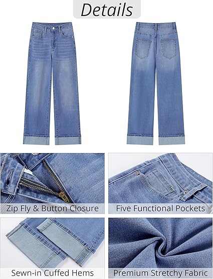 GRAPENT Wide Leg Jeans for Women Trendy High Waisted Cuffed Hem Stretchy Denim Trousers Pants Work Casual Jeans