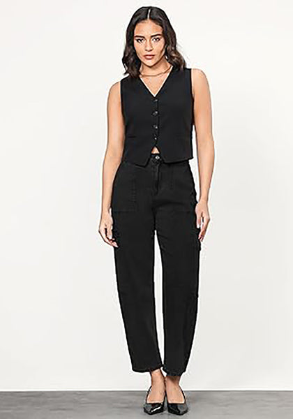 GRAPENT Barrel Jeans for Women Trendy High Waisted Cropped Cargo Pocket Baggy Stretch Denim Pants Wide Leg Tapered Jeans