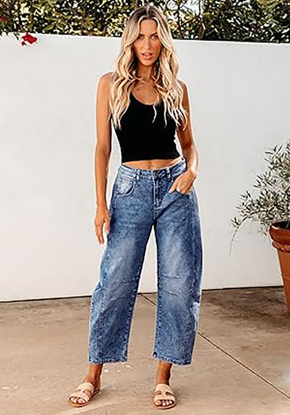 GRAPENT Barrel Jeans for Women Trendy High Waisted Wide Leg Baggy Cropped Relax Fit Stretch Denim Trouser Ankle Pants