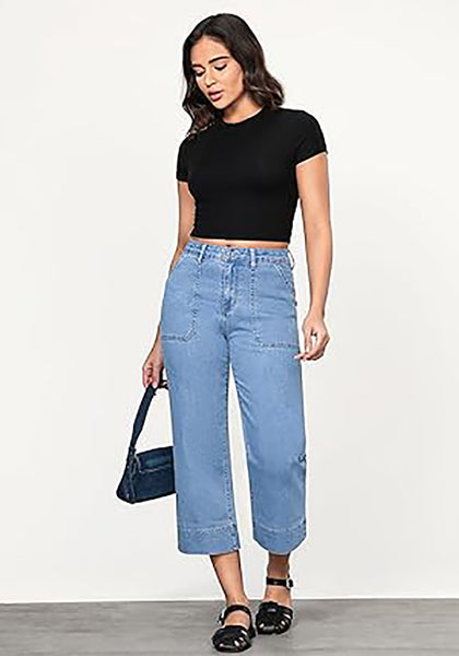 GRAPENT Capri Jeans for Women High Waisted Wide Leg Trendy Strechy Loose Straight Cropped Denim Jeans Pants with Pockets