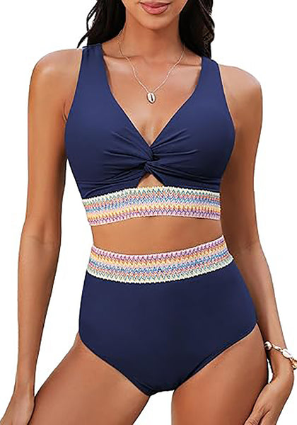 GRAPENT Bikini Sets for Women High Waisted Two Piece Swimsuit Padded Knot Twist Cut Out Color Block Bathing Suit Bikinis