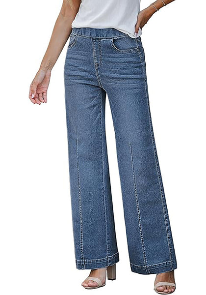 GRAPENT Pull On Womens Jeans Baggy Stretchy High Waisted Denim Wide Leg Trouser Pants Trendy Front Seam 90s Loose Jean