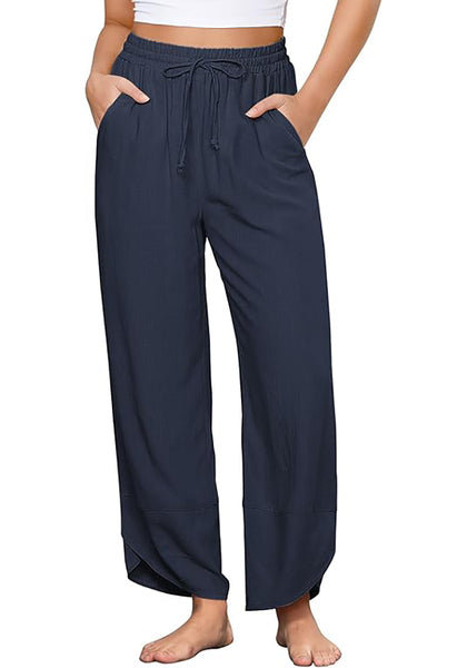 GRAPENT Linen Pants Women High Waisted Wide Leg Casual Beach Pull On Elastic Waist Summer Cropped Pants with Pockets