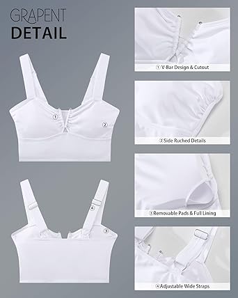 GRAPENT Bikini Tops for Women Cropped Tankini Tops Beach V Bar Padded Ruched Adjustable Strap Swimsuit Swim Top Only