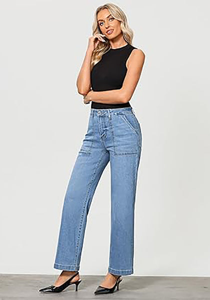 GRAPENT Jeans for Women High Waisted Straight Leg Jeans Stretchy Trendy Wide Leg Denim Pants Jean Trousers Patch Pockets