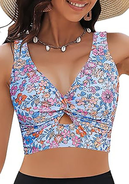GRAPENT Bikini Tops for Women Cropped Tankini Tops Floral Printed Beach Padded Knot Twist Cut Out Bathing Suit Top Only
