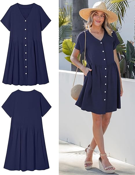 GRAPENT Linen Dresses for Women Casual Summer Babydoll Button Down Short Sleeve V Neck Above Knee Dress with Pockets