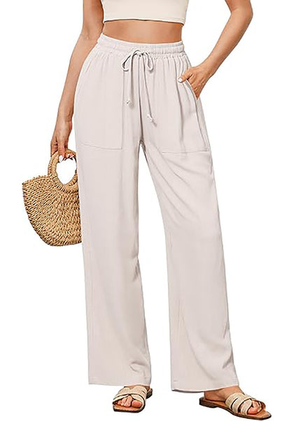 GRAPENT Linen Pants for Women Wide Leg High Waisted Baggy Drawstring Elastic Waist Palazzo Trousers Pants with Pockets