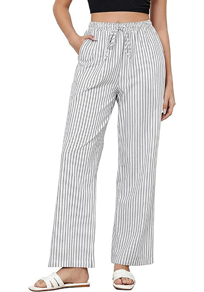 GRAPENT Striped Pants for Women High Waisted Wide Leg Cotton Linen Trendy Beach Pull on Elastic Waist Casual Flowy Pants
