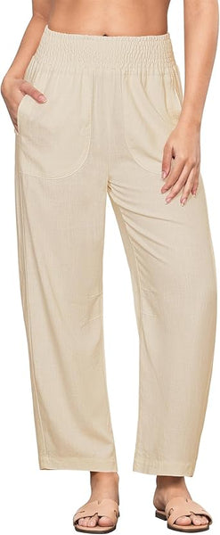 GRAPENT Linen Pants Women Wide Leg High Waisted Cropped Barrel Pull On Smocked Elastic Waist Summer Pants with Pockets