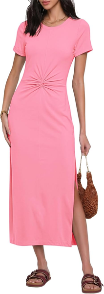 GRAPENT Long Dresses for Women Summer Casual Side Slit Twist Front 2026 Beach Vacation Short Sleeve Comfy Tshirt Dress