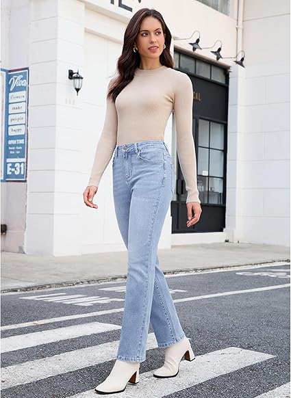 GRAPENT Straight Leg Jeans for Women Trendy High Waisted Classic Stretchy Denim Pants Casual Trouser Jeans with Pockets