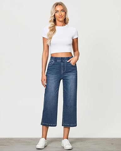 GRAPENT Capri Jeans for Women Wide Leg High Waisted Effortless Flow Pull On Stretchy Denim Elastic Waist Pants with Pockets