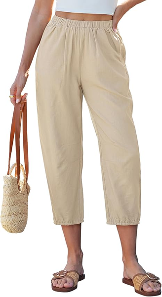 GRAPENT Capri Pants for Women Linen Barrel High Waisted Pull On Elastic Waist Casual Summer Capris Beach Vacation Pants
