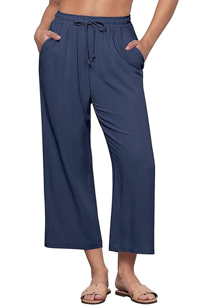 GRAPENT Linen Pants for Women High Waisted Wide Leg Capri Elastic Waist Casual Beach Flowy Cropped Summer Capris Pants