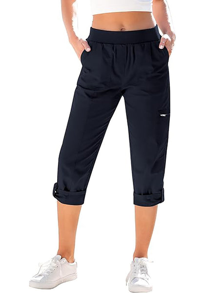 GRAPENT Capri Cargo Pants for Women High Waisted Pull On Elastic Waist Stretch Twill Fold Hem Capris Pants with Pockets