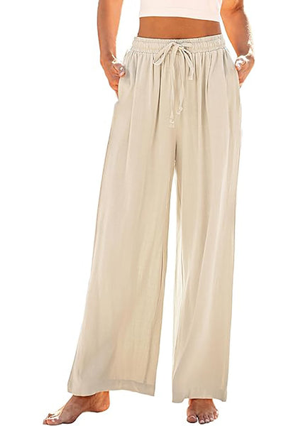 GRAPENT Wide Leg Pants Woman Linen High Waisted Pull On Flowy Casual Baggy Drawstring Palazzo Trousers Pants Resort Wear