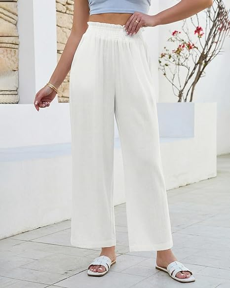 GRAPENT Linen Pants for Women Wide Leg High Waisted Paper Bag Smocked Waist Casual Summer Beach Vacation Palazzo Pants