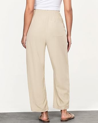 GRAPENT Linen Pants Women Wide Leg High Waisted Cropped Barrel Pull On Smocked Elastic Waist Summer Pants with Pockets