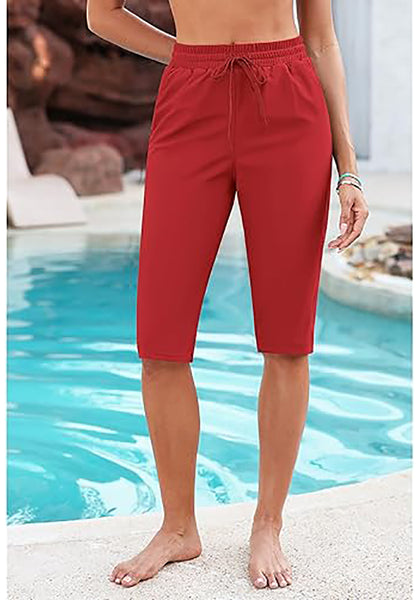 GRAPENT Women's Casual Elastic Waist Swim Pants Drawstring Jammer Knee-Length