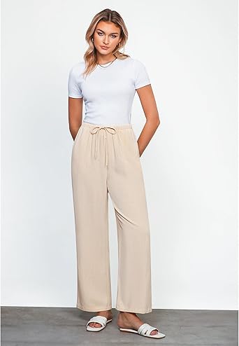GRAPENT Linen Wide Leg Pants Woman High Waisted Pull On Button Drawstring Baggy Casual Summer Palazzo Pants with Pockets