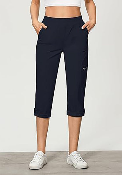 GRAPENT Capri Cargo Pants for Women High Waisted Pull On Elastic Waist Stretch Twill Fold Hem Capris Pants with Pockets