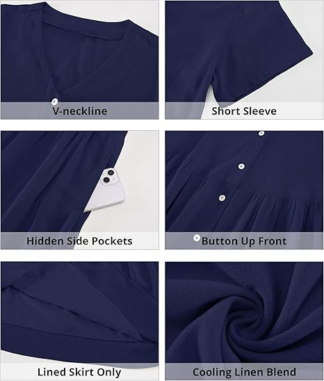 GRAPENT Linen Dresses for Women Casual Summer Babydoll Button Down Short Sleeve V Neck Above Knee Dress with Pockets