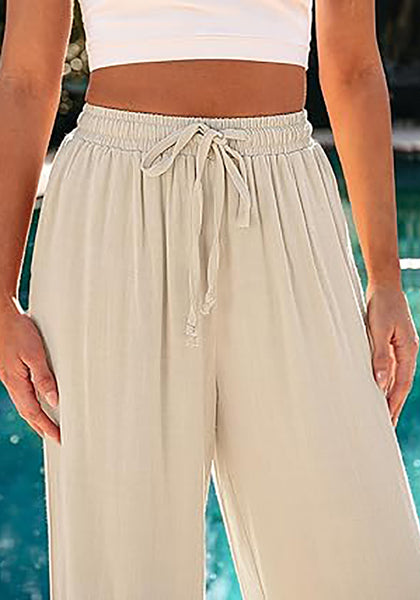 GRAPENT Wide Leg Pants Woman Linen High Waisted Pull On Flowy Casual Baggy Drawstring Palazzo Trousers Pants Resort Wear